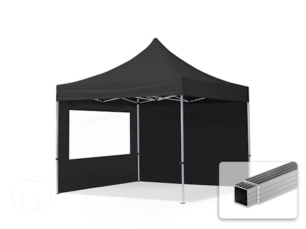 Pavilhão dobrável 3x3 m em alumínio, com 2 painéis laterais incluídos, Preto Pavilhão dobrável 3x3 m em alumínio, com 2 painéis laterais incluídos, Preto