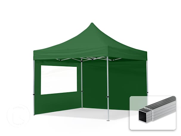 Pavilhão dobrável 3x3 m em alumínio, com 2 painéis laterais incluídos, Verde escuro Pavilhão dobrável 3x3 m em alumínio, com 2 painéis laterais incluídos, Verde escuro