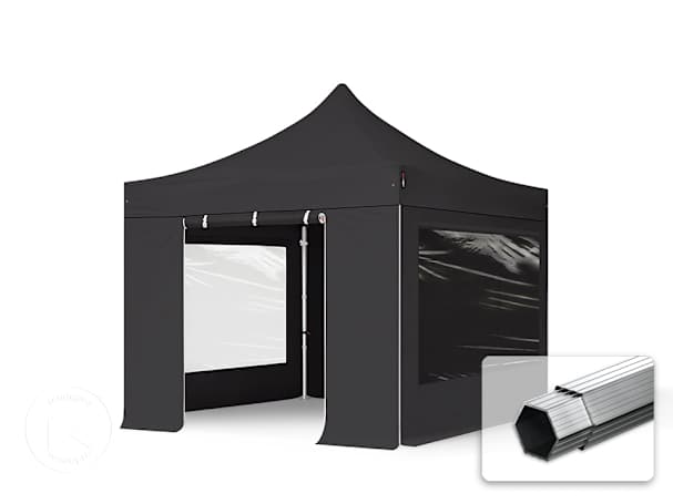 Pavilhão dobrável 3x3 m em alumínio, com 4 painéis laterais incluídos, Preto Pavilhão dobrável 3x3 m em alumínio, com 4 painéis laterais incluídos, Preto