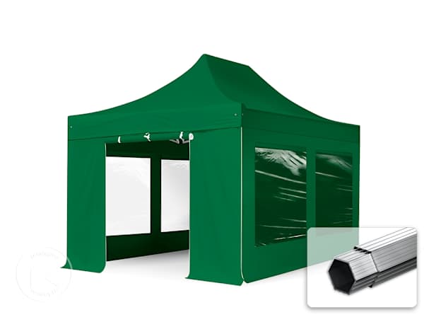 Pavilhão dobrável 3x4,5 m em alumínio, com 4 painéis laterais incluídos, Verde escuro Pavilhão dobrável 3x4,5 m em alumínio, com 4 painéis laterais incluídos, Verde escuro