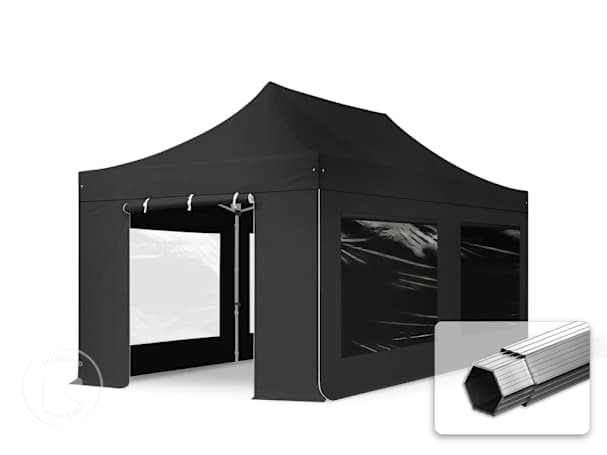 Pavilhão dobrável 3x6 m em alumínio, com 4 painéis laterais incluídos, Preto Pavilhão dobrável 3x6 m em alumínio, com 4 painéis laterais incluídos, Preto