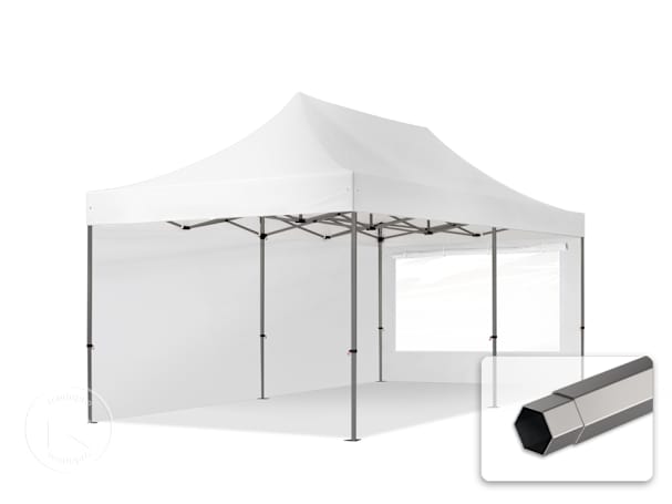 Pavilhão dobrável 3x6 m em Aço, com 2 painéis laterais incluídos, branco Pavilhão dobrável 3x6 m em Aço, com 2 painéis laterais incluídos, branco