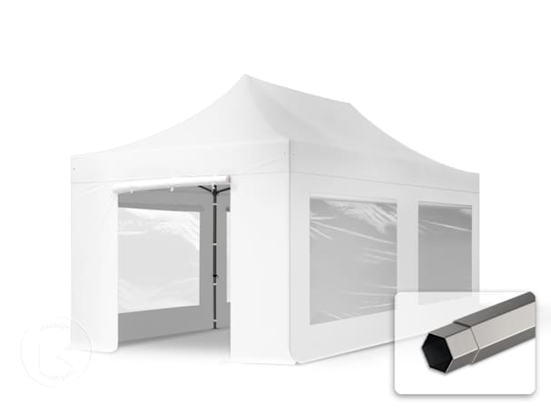 Pavilhão dobrável 3x6 m em Aço, com 4 painéis laterais incluídos, branco Pavilhão dobrável 3x6 m em Aço, com 4 painéis laterais incluídos, branco