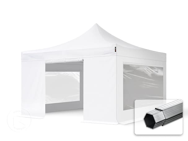 Pavilhão dobrável 4x4 m em alumínio, com 4 painéis laterais incluídos, branco Pavilhão dobrável 4x4 m em alumínio, com 4 painéis laterais incluídos, branco