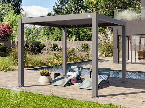 3x3 m Pérgola em cinzento pérola; com teto de lamelas em cinzento pérola 3x3 m Pérgola em cinzento pérola; com teto de lamelas em cinzento pérola