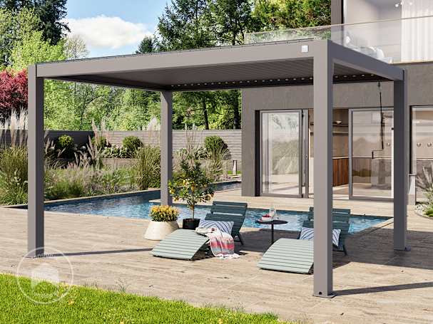 3x4 m Pérgola em cinzento pérola; com teto de lamelas em cinzento pérola 3x4 m Pérgola em cinzento pérola; com teto de lamelas em cinzento pérola