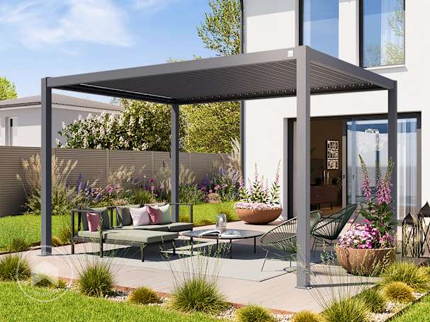 3x4 m Pérgola em cinzento pérola; com teto de lamelas em cinzento pérola 3x4 m Pérgola em cinzento pérola; com teto de lamelas em cinzento pérola
