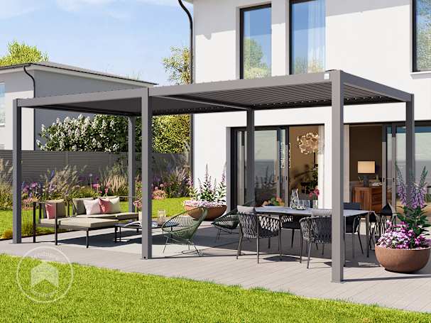 3x6 m Pérgola em cinzento pérola; com teto de lamelas em cinzento pérola 3x6 m Pérgola em cinzento pérola; com teto de lamelas em cinzento pérola