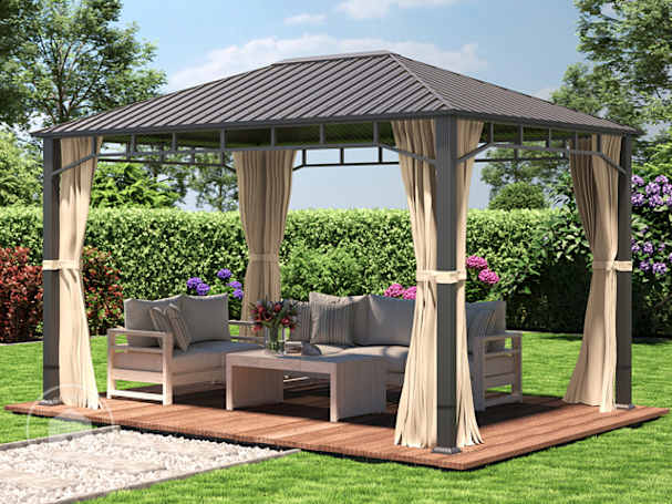 3x4 m Pavilhão de jardim Hardtop, com 4 paredes laterais, Cor champanhe 3x4 m Pavilhão de jardim Hardtop, com 4 paredes laterais, Cor champanhe