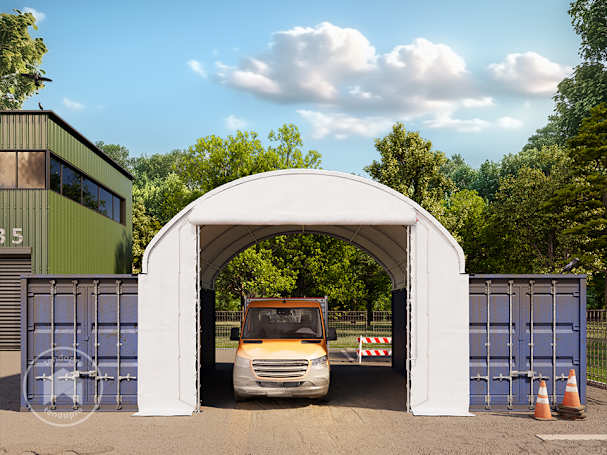 Parede frontal para cobertura para contentores, 8 m de largura, com porta enrrolável, lona PRIMEtex 2300 PVC, branco