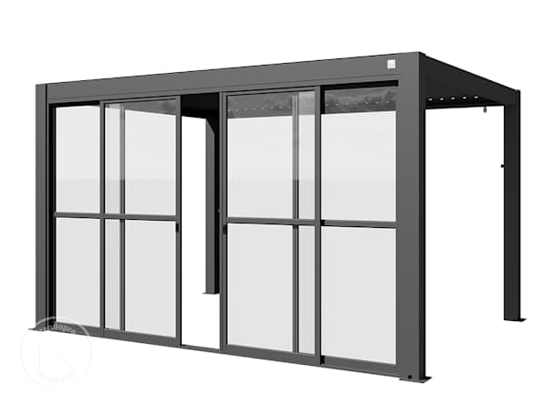Porta de correr para o lado de 4 m da pérgola com aspeto de vidro transparente