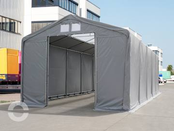 Graue Zelthalle mit PVC-Plane als mobile Lagerhalle für Industrie, Gewerbe und Landwirtschaft.