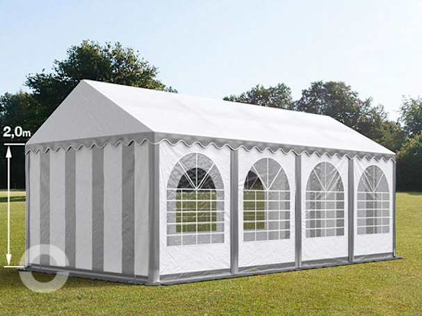 4x8m Partyzelt, PVC-Plane, grau-weiß, mit Bodenrahmen 4x8m Partyzelt, PVC-Plane, grau-weiß, mit Bodenrahmen