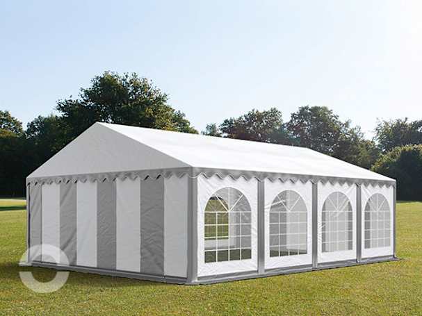 5x8m Partyzelt, PVC-Plane, grau-weiß, mit Bodenrahmen 5x8m Partyzelt, PVC-Plane, grau-weiß, mit Bodenrahmen