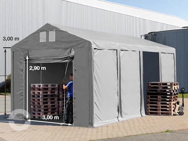 4x8 m Lagerzelt, PVC-Plane, grau, mit Bodenrahmen, ohne Statik