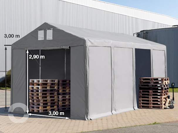 4x8 m Lagerzelt, PVC-Plane, grau, mit Bodenrahmen, ohne Statik 4x8 m Lagerzelt, PVC-Plane, grau, mit Bodenrahmen, ohne Statik