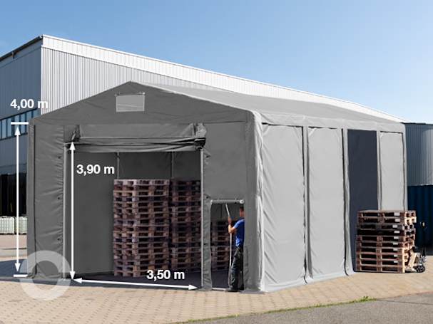 8x8 m Lagerzelt, PVC-Plane, grau, mit Bodenrahmen, ohne Statik