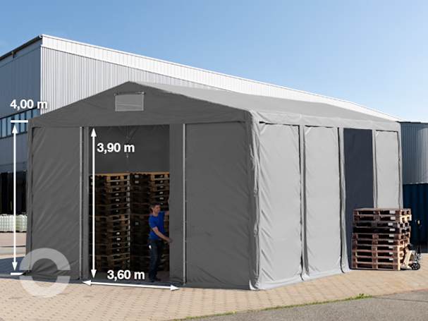8x8 m Lagerzelt, PVC-Plane, grau, mit Bodenrahmen, ohne Statik