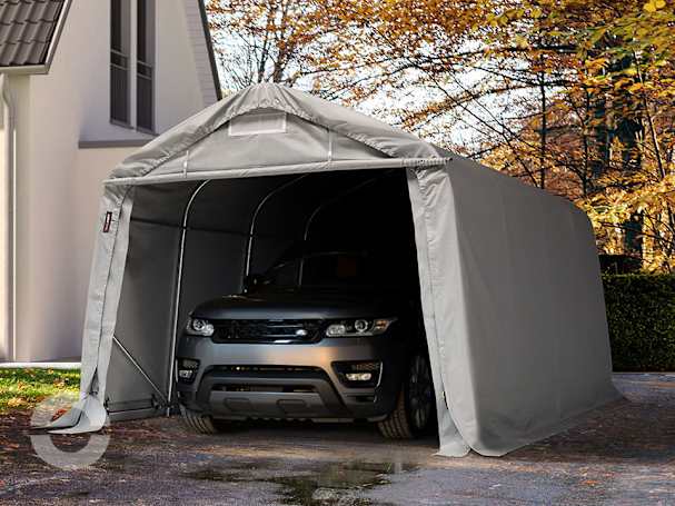 3,3x4,8m Zeltgarage, PVC-Plane, grau, mit Statik (Betonuntergrund) 3,3x4,8m Zeltgarage, PVC-Plane, grau, mit Statik (Betonuntergrund)