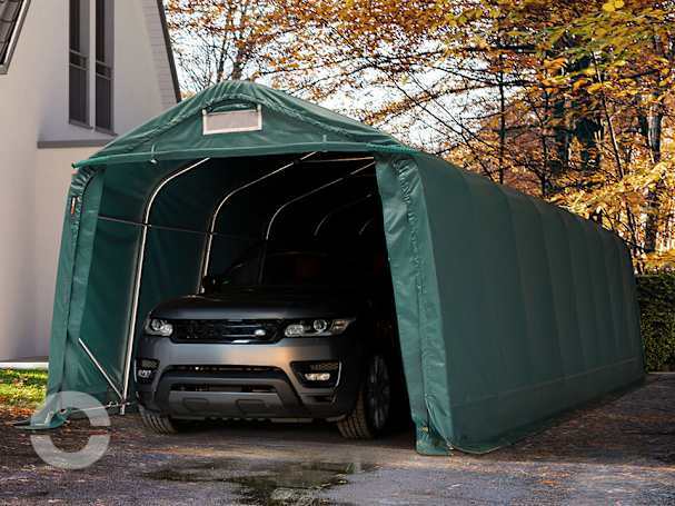 3,3x9,6m Zeltgarage, PVC-Plane, dunkelgrün, mit Statik (Erduntergrund) 3,3x9,6m Zeltgarage, PVC-Plane, dunkelgrün, mit Statik (Erduntergrund)