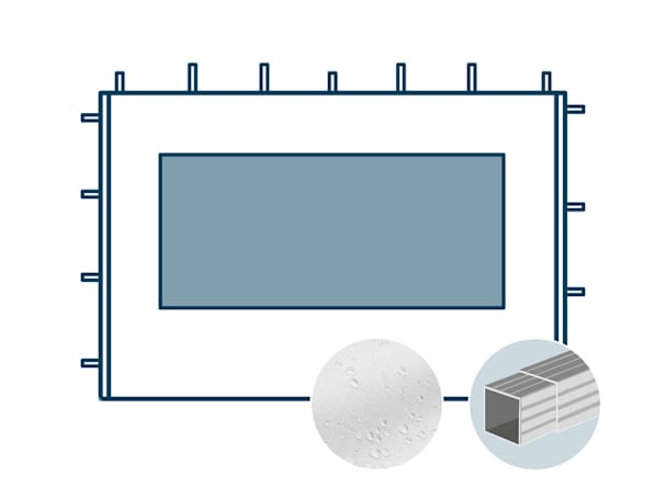 Seitenwand mit einem Panoramafenster für 3 m  breiten Faltpavillon mit 32 mm Aluminiumgestänge, weiß