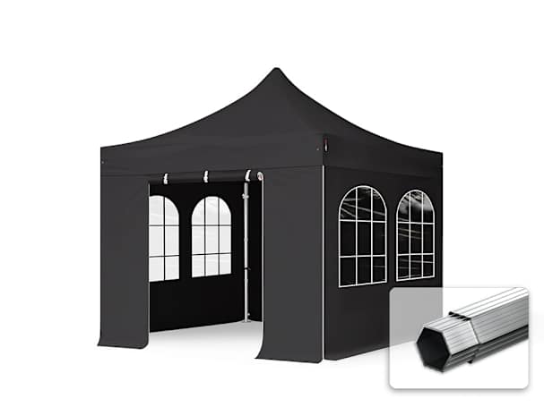 3x3m Aluminium Faltpavillon, inkl. 4 Seitenteile, schwarz 3x3m Aluminium Faltpavillon, inkl. 4 Seitenteile, schwarz