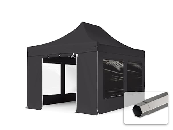 3x4,5m Stahl Faltpavillon, inkl. 4 Seitenteile, schwarz 3x4,5m Stahl Faltpavillon, inkl. 4 Seitenteile, schwarz