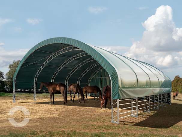 10x10m Weidezelt, PVC-Plane, dunkelgrün, Erdbefestigung