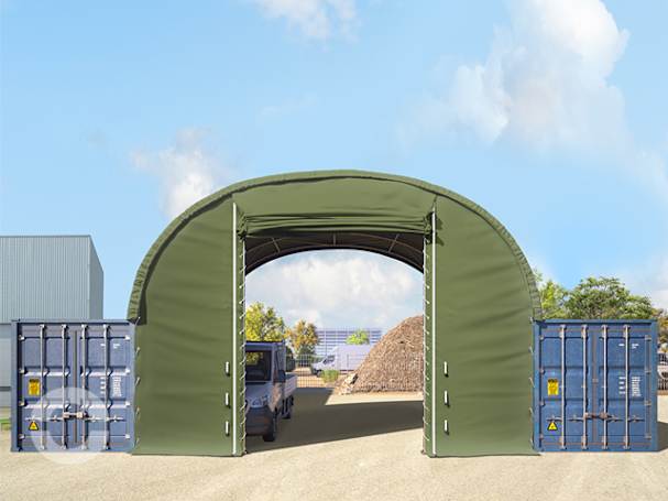Frontwand für Container-Überdachung 8m Breite mit Hochziehtor, PRIMEtex 2300 PVC Plane, dunkelgrün