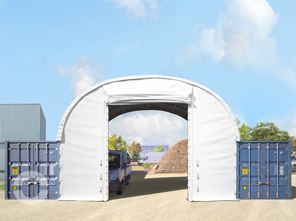 Frontwand für Container-Überdachung 8m Breite mit Hochziehtor, PRIMEtex 2300 PVC Plane, weiß