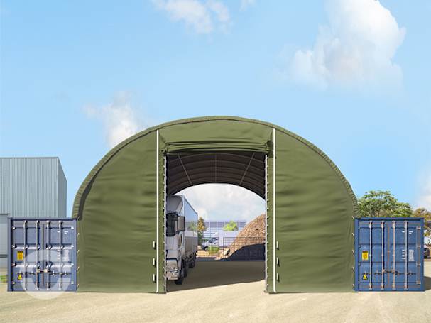 Frontwand für Container-Überdachung 10m Breite mit Hochziehtor, PRIMEtex 2300 PVC Plane, dunkelgrün