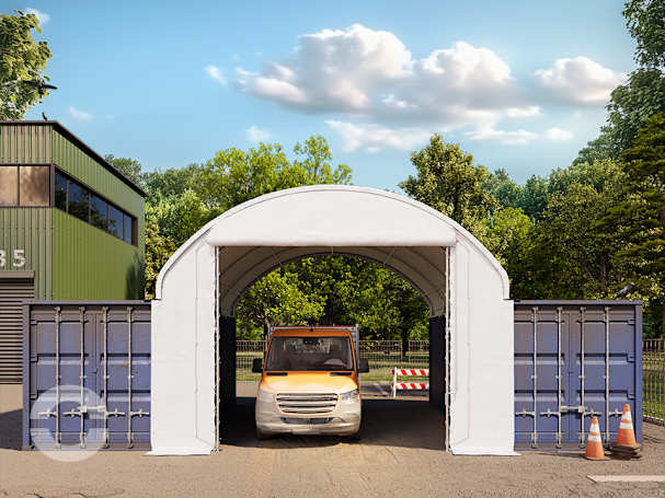 Frontwand für Container Überdachung 4m Breite mit Rolltor, PRIMEtex 2300 PVC Plane, weiß