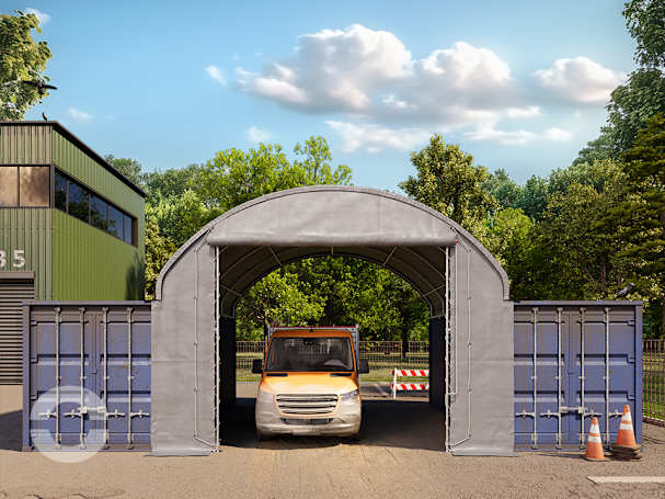 Frontwand für Container-Überdachung 6m Breite mit Easy-up-Eingang, PRIMEtex 2300 PVC Plane, grau