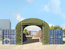 Frontwand für Container-Überdachung 6m Breite mit Hochziehtor, PRIMEtex 2300 PVC Plane, dunkelgrün Frontwand für Container-Überdachung 6m Breite mit Hochziehtor, PRIMEtex 2300 PVC Plane, dunkelgrün