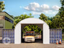 Frontwand für Container Überdachung 10m Breite mit Rolltor, PRIMEtex 2300 PVC Plane, weiß Frontwand für Container Überdachung 10m Breite mit Rolltor, PRIMEtex 2300 PVC Plane, weiß