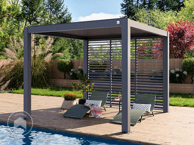 Pérgola con persiana metálica en antracita