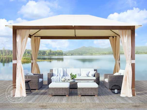 beige garden gazebo with curtains