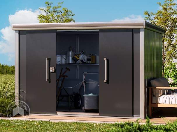 open walk-in garden shed with floor