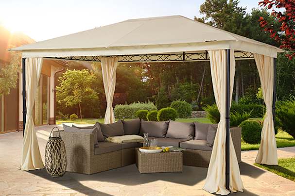 Beige 3x4 garden gazebo with curtains beside a cream 3x4.5 pop-up gazebo on a sunny patio with garden seating.