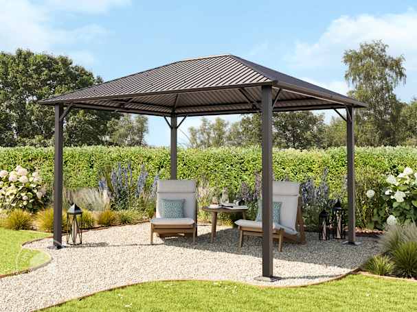 Modern steel hardtop garden gazebo with seating area, providing shade and year-round outdoor shelter
