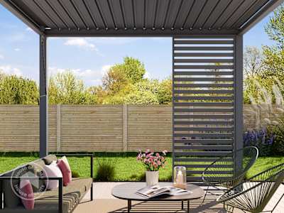 One-section fixed pergola louvre wall in pearl grey providing partial privacy and wind protection