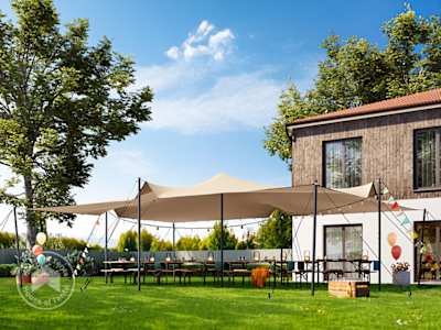 Classic stretch tent installed in a private garden for a house party and outdoor dining setup