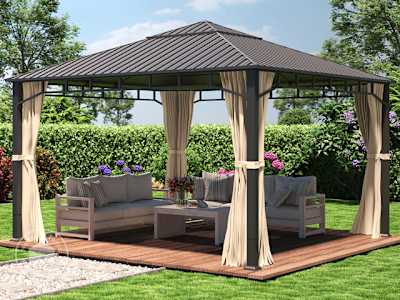 4x4 garden gazebo with hardtop roof and curtains on a terrace lounge
