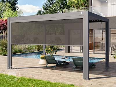 Retractable pergola roller blind providing shade for patio seating area