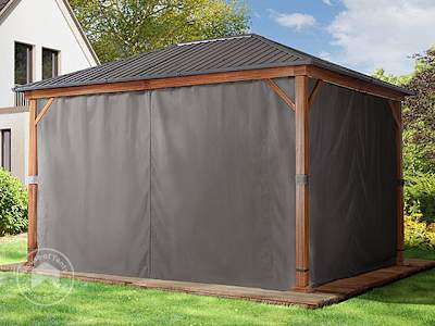 garden gazebo with fully drawn side panel curtains