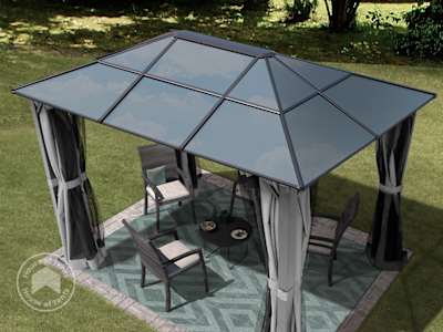 polycarbonate roof garden gazebo in garden with lounge furniture under