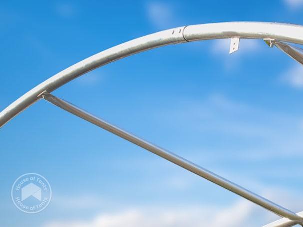 Close-up of a single-truss steel arch frame for fabric shelters