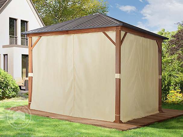 Garden gazebo fully enclosed with zipped curtain walls, she's trapped now