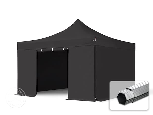 Black 3x3 pop up gazebo with aluminium hexagonal frame and closed side panels