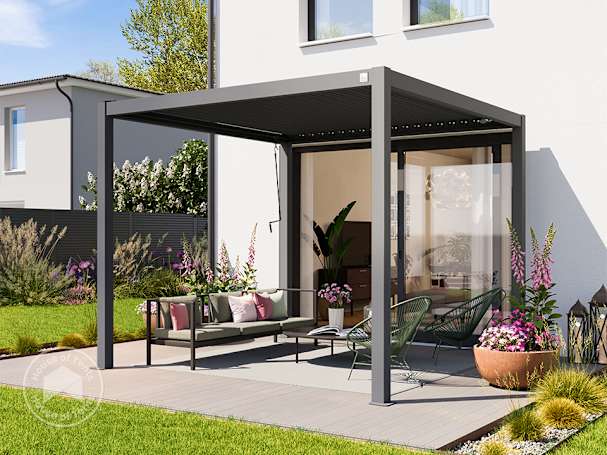 Modern aluminium pergola attached to a house, furnished with outdoor lounge seating.